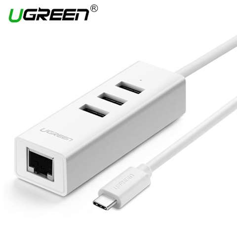 USB ჰაბი და ქსელის ადაპტერი UGREEN 20792 USB 2.0 Type C Combo (White) 4 Port HUB with Ethernet