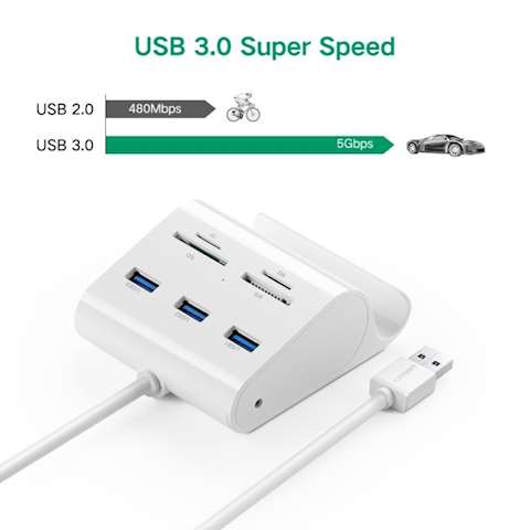 USB ჰაბი + ბარათის წამკითხველი UGREEN US156 (30344) UGREEN USB 3.0 3 Ports Hub + Card Reader with Cradle 1m