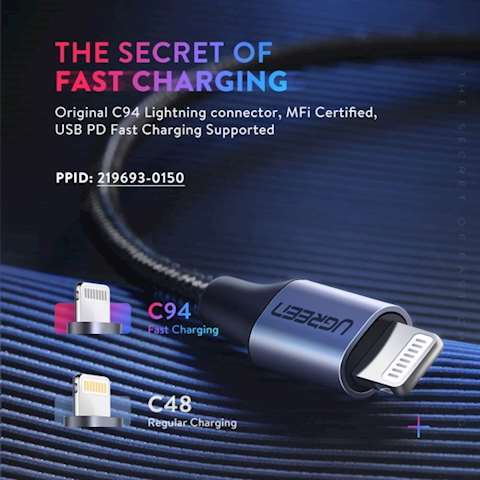 კაბელი UGREEN US304 (60759) USB-C to Lightning M/M Cable Aluminum Shell Braided for iPhone X/XS/XR/XS Max/ 8/Plus and More, 3FT 1m (Black)