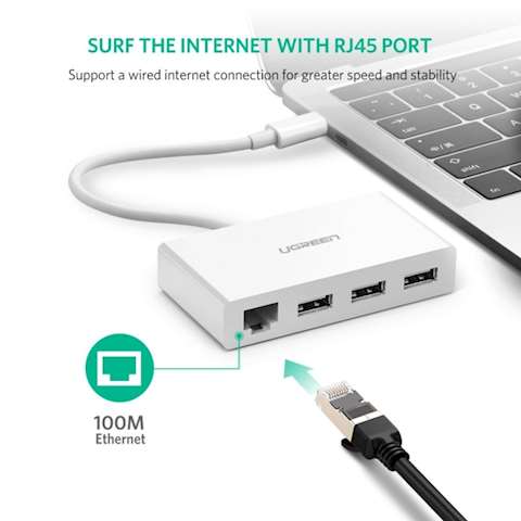 USB ჰაბი + ადაპტერი UGREEN US237 (40382) USB Type-C to 3-Port Hub +10/100Mbps Ethernet Adapter