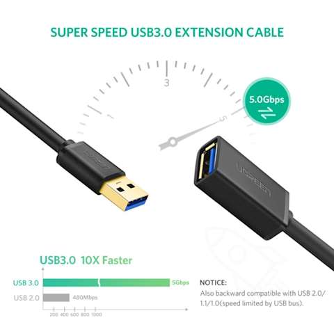 USB დამაგძელებელი Ugreen US129 USB 3.0 A male to female flat cable Black 1M Extension Cable